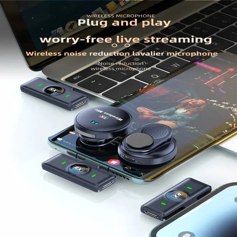 Wireless Lavalier Microphone, USB Rechargeable Wireless Microphone, Noise Cancelling Microphone for Live Streaming & Phone Video Recording, Audio 7