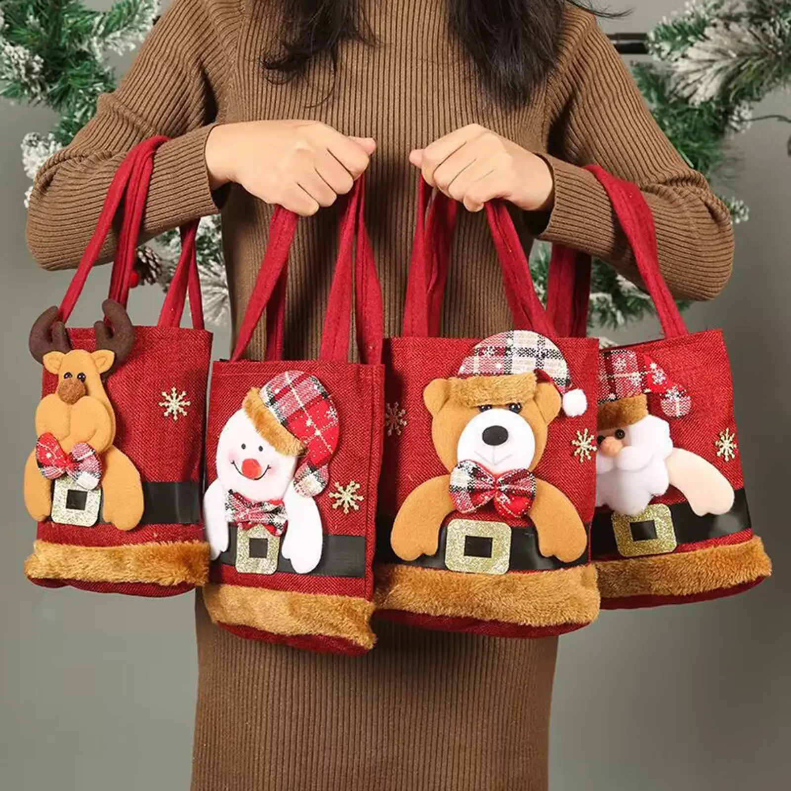 Fw.Q-Christmas Gift Handbag Portable Handle Cartoon 3D Santa Snowman Elk Bear Heavy Duty Cloth Reusable Grocery Treat Candy Party Favor Present Bag