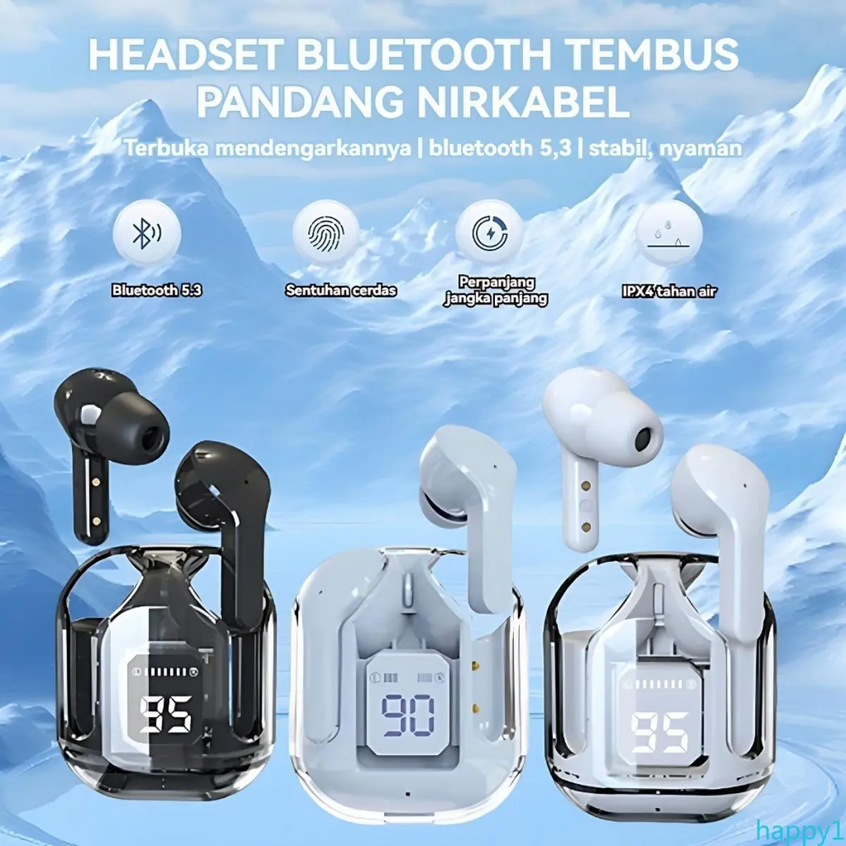 Bluetooth 5.3 TWS Air31 Headset Wireless with Transparent LED Screen. Hifi Sound. Premium Audio Gear.dsa