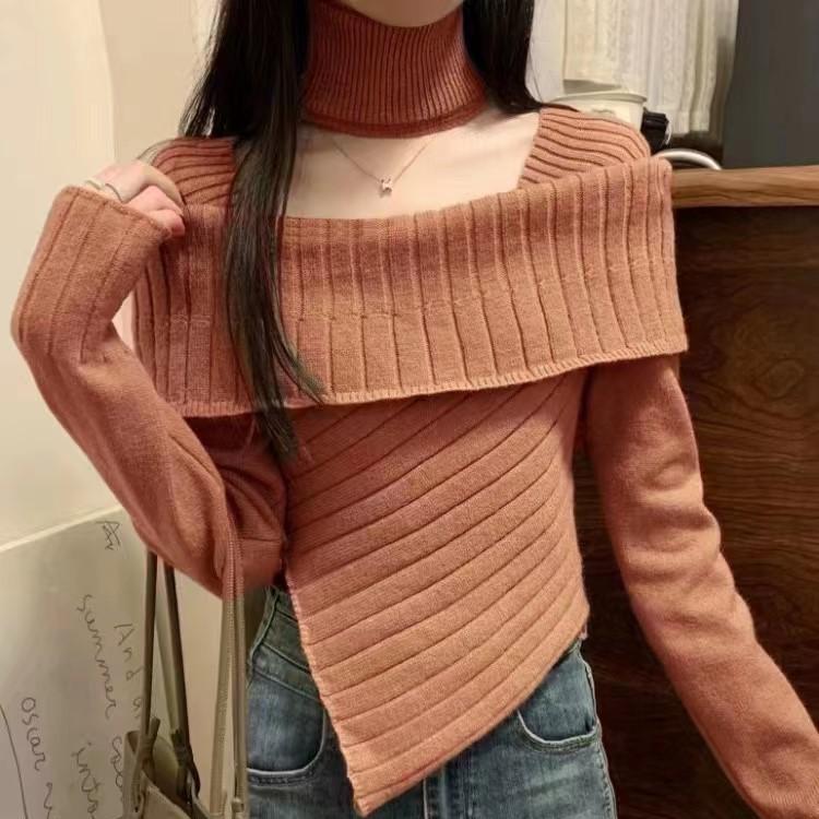 Product Introduction of Áo Len Cổ Vuông, Màu Trơn Dây Treo Cổ Dài Tay, Dành Cho Nữ, Mùa Thu Và Mùa Đông, Nhẹ Nhàng Và Gợi Cảm, Thiết Kế Bất Đối Xứng Ôm Sát, Áo Len 9