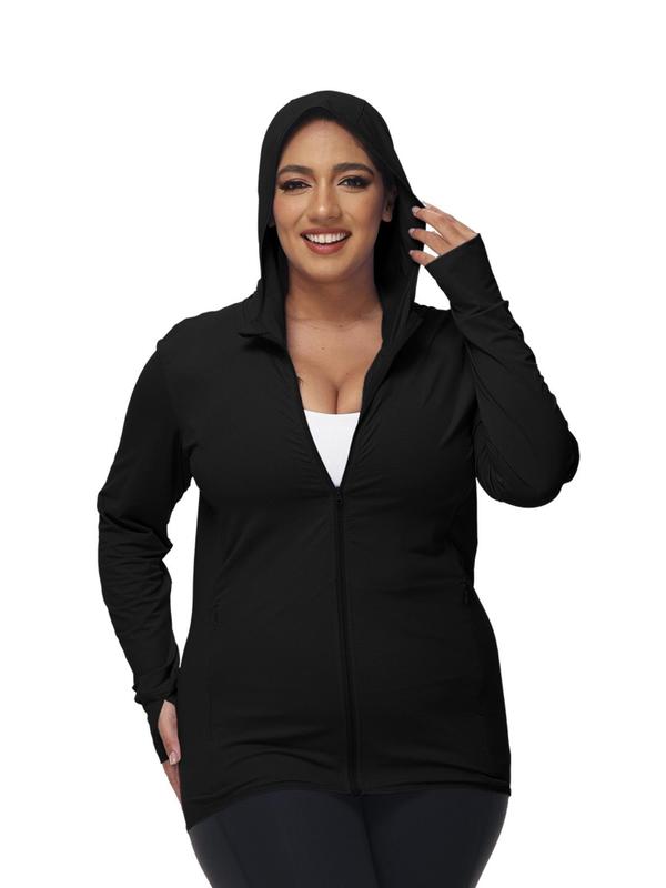 Women's Plus Size Solid Thumb Hole Design Zip Up Sports Jacket, Casual Long Sleeve Outerwear for Outdoor Workout Running, Pickleball Clothes, Tennis Outfits, Ladies Sportswear for All Seasons 7