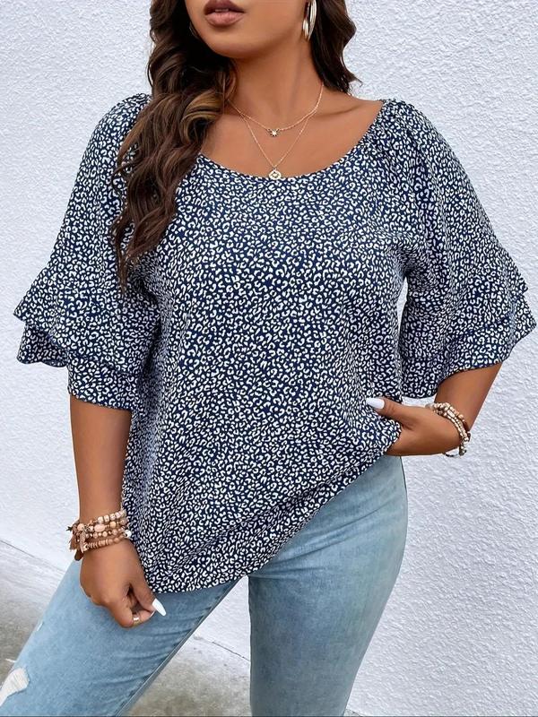 Plus Size Leopard Print Flounce Sleeve Blouse, Elegant Round Neck Half Sleeve Top for Spring & Fall, Women's Plus Clothing for Daily Wear 8