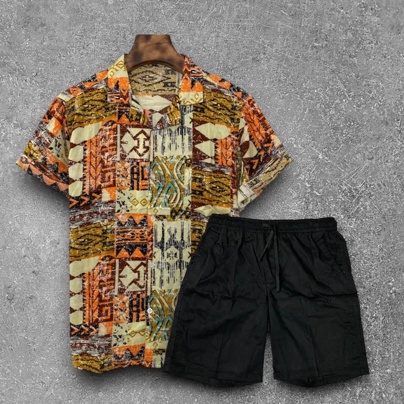 Setelan Baju Kemeja Vintage Dan Boardshort atasan celana Hitam Katun Pendek  Pria  Motif  Keren  Casual  Oversize Panjang Santai Polos 5