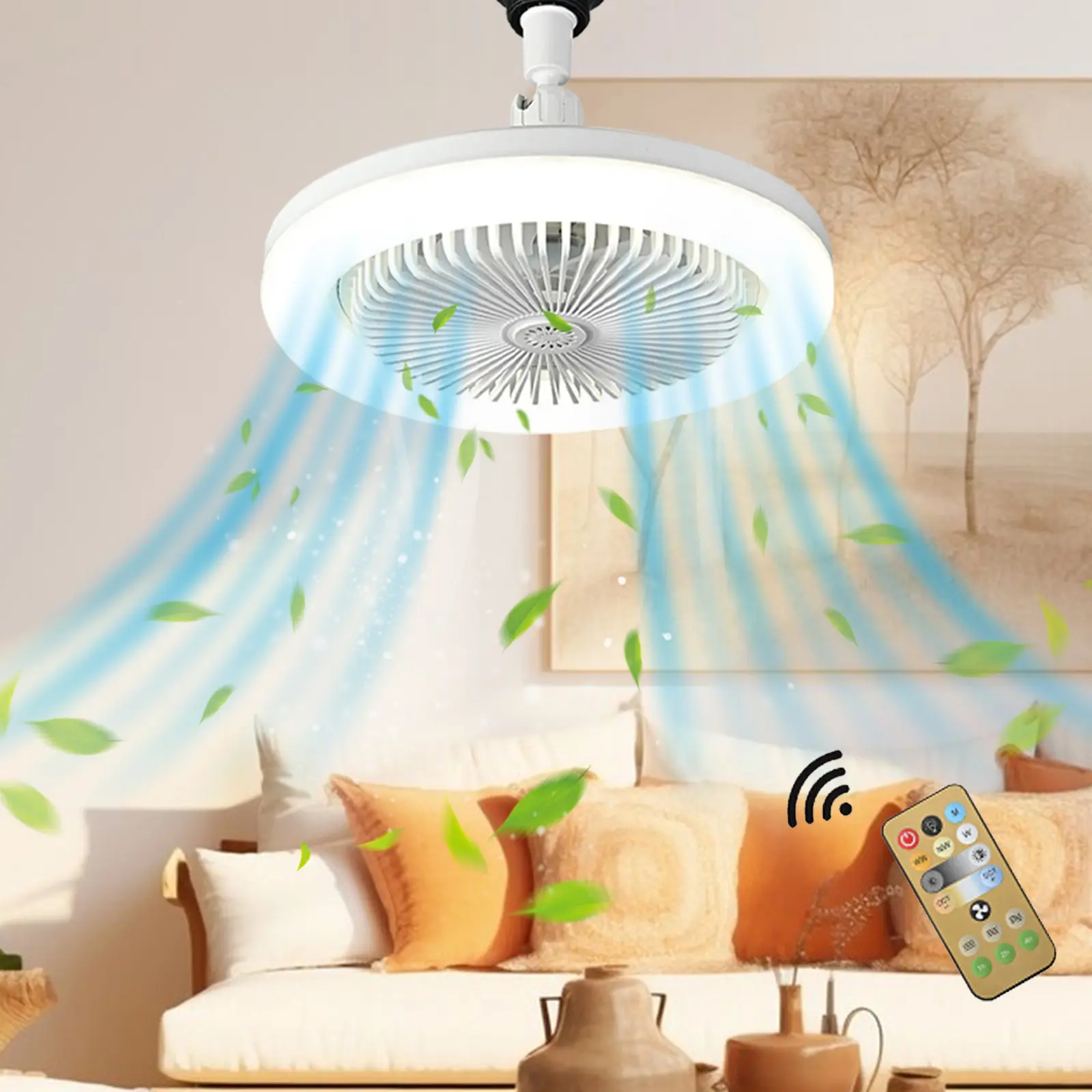 E27 Ceiling Fan With Lights Enclosed Low Fan Light Ceiling Light With Fan Hidden Electric Fan Delier Gimbal Lamp Three Color Dimming HH58
