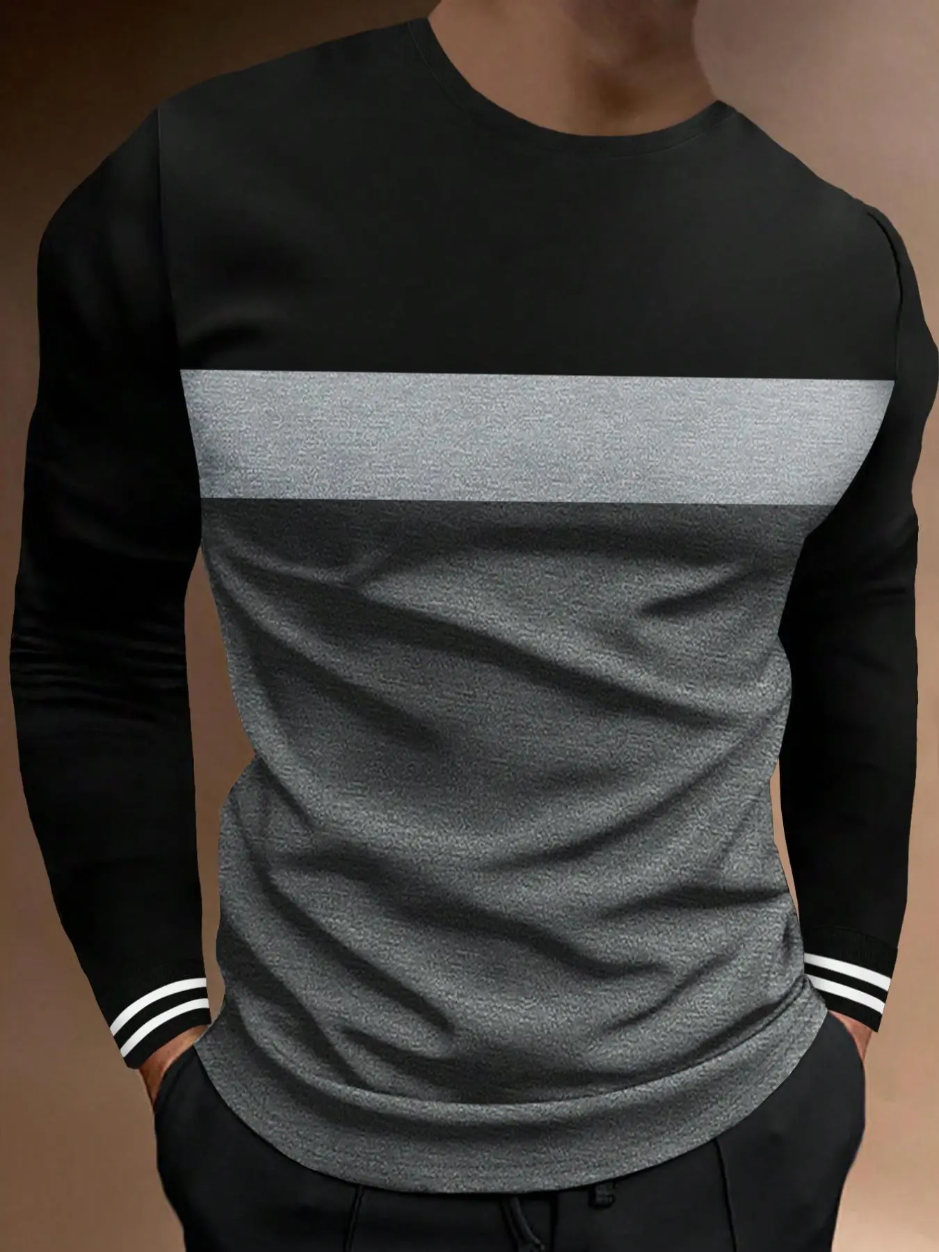 Men's Colorblock Striped Print Round Neck Tee, Casual Long Sleeve Crew Neck T-shirt for Spring & Fall,  Going Out Top, Fashion Men's Regular Fit Top for Daily Wear