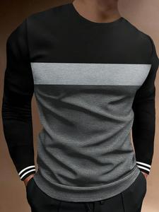 Camiseta de hombre con bloque de color y estampado de rayas, cuello redondo, manga larga, casual para primavera y otoño, top de corte regular de moda para uso diario