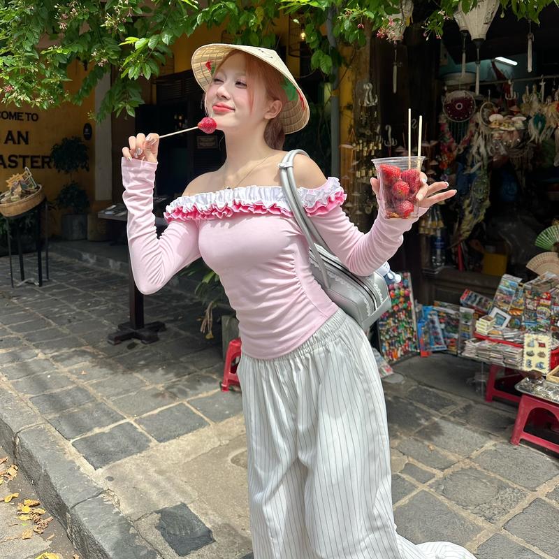 AB HOUSE - Áo thun nữ tay dài trễ vai phối bèo RAINY thời trang nữ Women