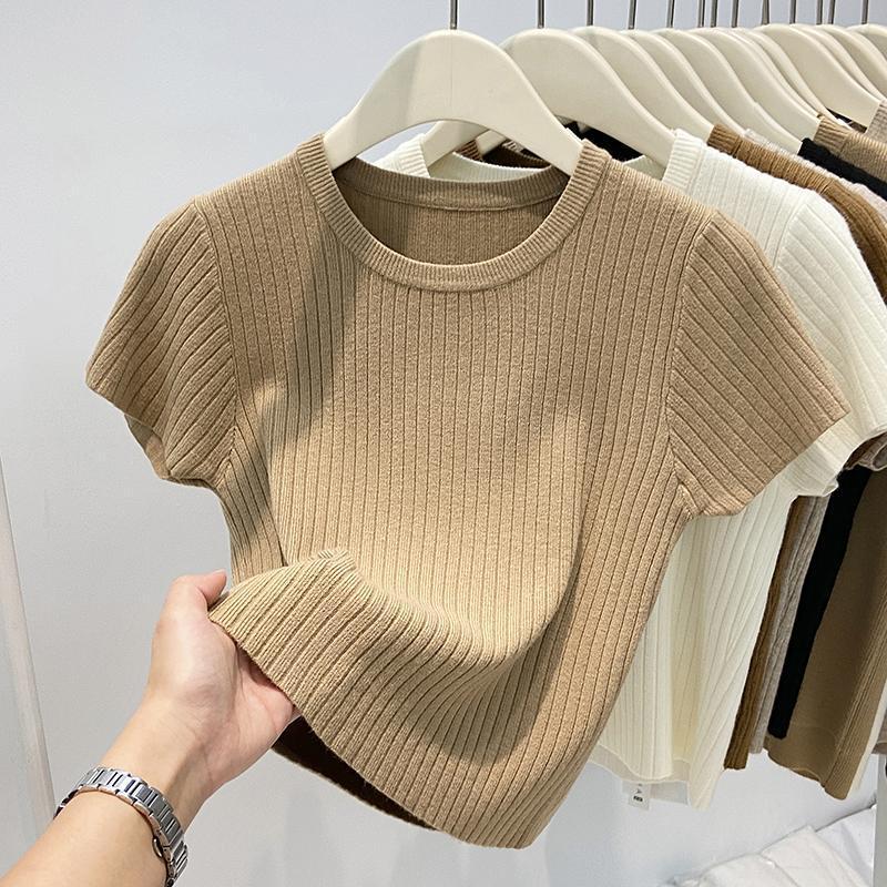 Áo Dệt Kim, Cổ Tròn, Sọc Rộng, ngắn Tay Áo, Áo Thun Nữ, Dáng Ôm, Áo Len Ngắn Thanh Lịch, Hàng Mới Về Mùa Thu 2025, Dành Cho Nữ 2