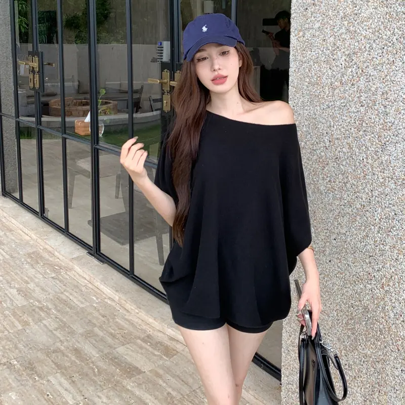 Áo Thun Nữ, Thời Trang, Trễ Vai, ngắn Tay Áo, Áo Thun Dệt Kim, Dáng Rộng Vừa Vặn, Tay Cánh Dơi, Ngoại Cỡ, Áo Cánh Chống Nắng, Quần Áo Đẹp, Thích Hợp Mặc Mùa Hè Cho Nữ áo phông nữ đẹp,áo thun nữ,áo phông girl phố，áo kiểu xinh,đồ bộ nữ