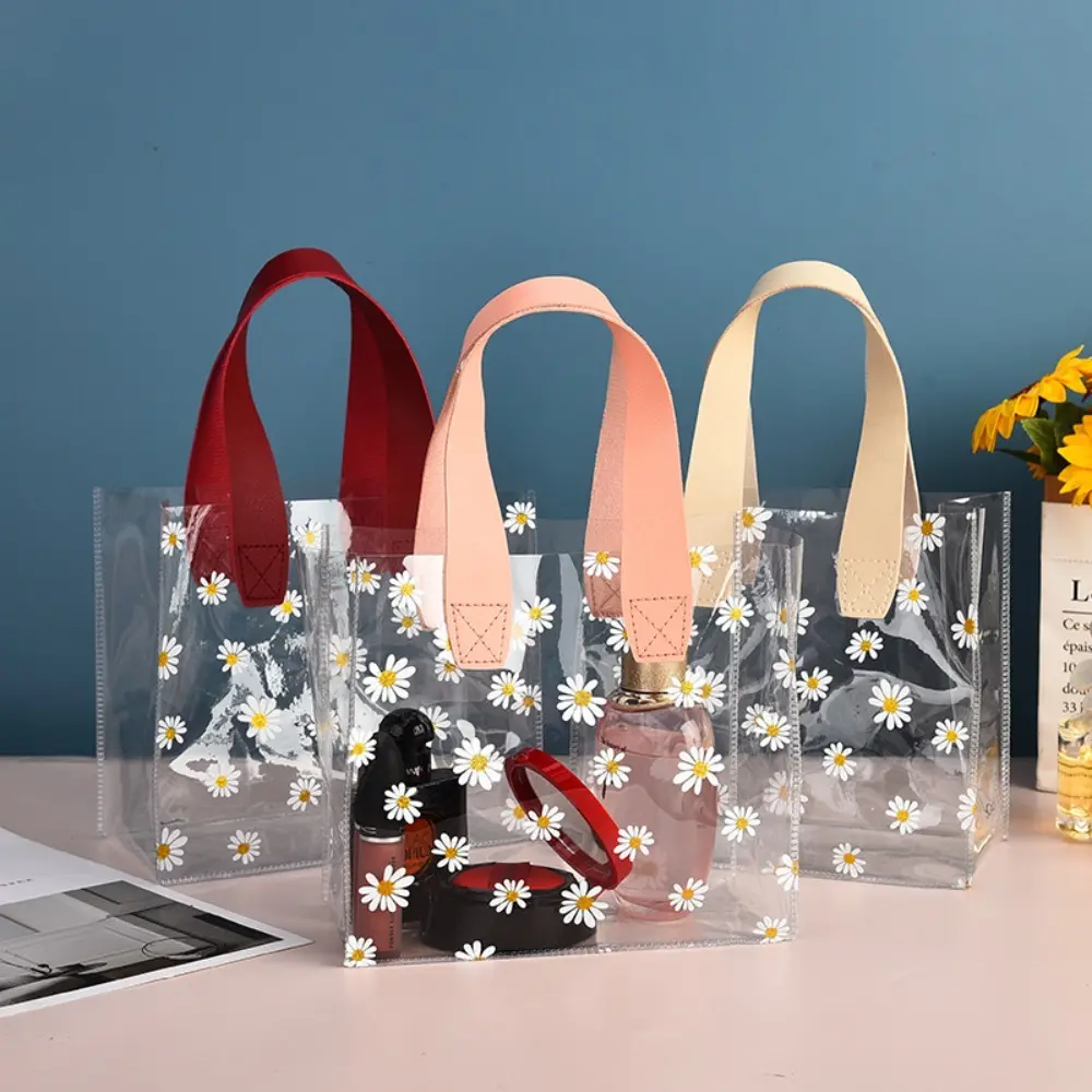Túi tote trong suốt PVC, thực tế, tay cầm trong suốt, không thấm nước, túi lưu trữ, hoa cúc Nhỏ túi quà tặng cầm tay