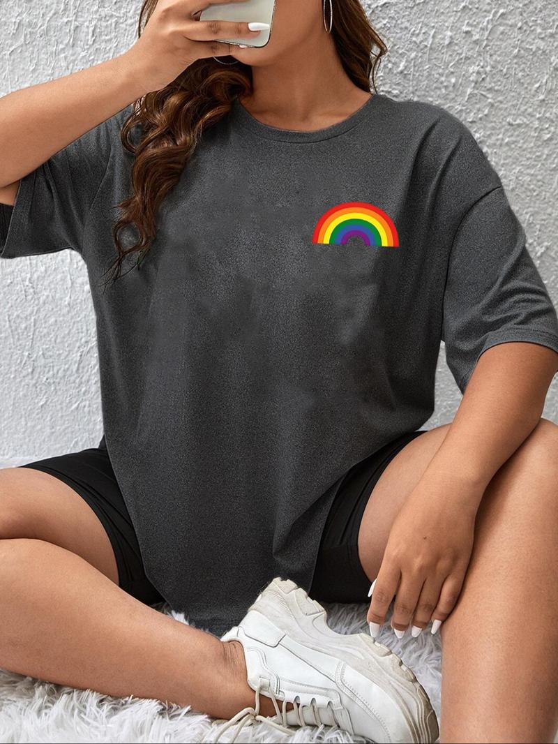 Product Introduction of Plus Size Rainbow Print Round Neck Tee, Casual Short Sleeve Crew Neck T-Shirt for Summer, Women's Plus Clothing for Daily Wear 1