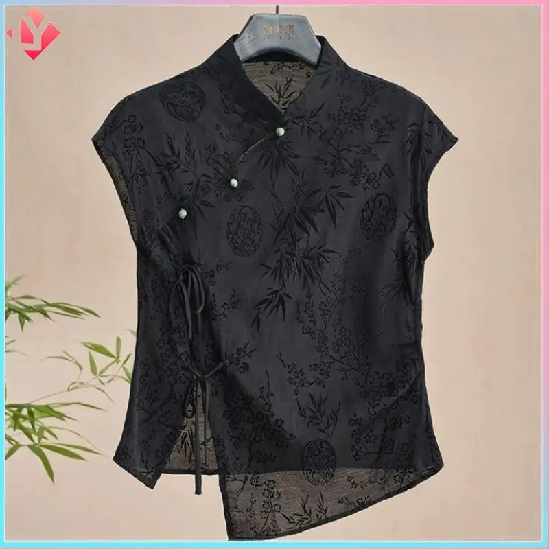 [Actual Photo] Summer Vintage New Chinese Style Black Jacquard Square Shoulder Women's Sleeveless Cheongsam Top Fashion Shirts Blouse Flower Simple Lingerie Basic Minimalist
