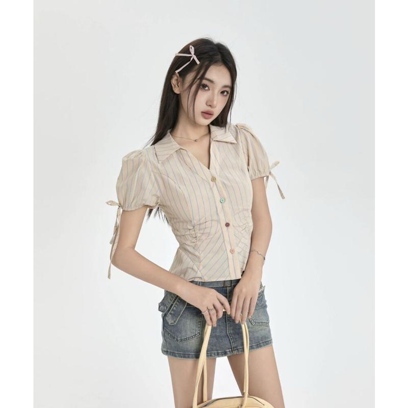 Product Introduction of FADFAD[Ready Stock] Kemeja Lengan Pendek Bermotif Garis Krah V-neck Untuk Wanita 3