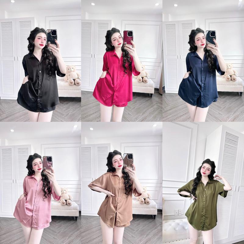Product Introduction of Bộ Sơ Mi Áo Tay Lỡ Quần Đùi Chất Lụa Latin Màu Trơn Đơn Giản (Free Size 45-75kg) Women Nữ 19