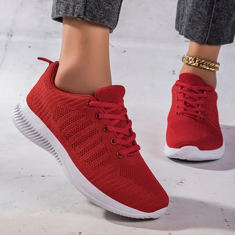 Women's Breathable Running Trainers, Solid Color Lace Up Low Top Sneakers, Casual Lightweight Walking Sports Shoes 7