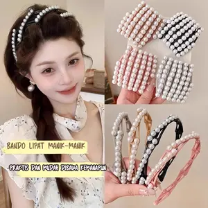 Headband Mutiara Scalable Ikat Rambut Lipat Kuromi untuk Cuci Muka Wanita Anak Karet jepitlu  cu Boneka jepit  poni  ala  korea Bando Lipat Manik-manik Praktis dan Mudah Dibawa
