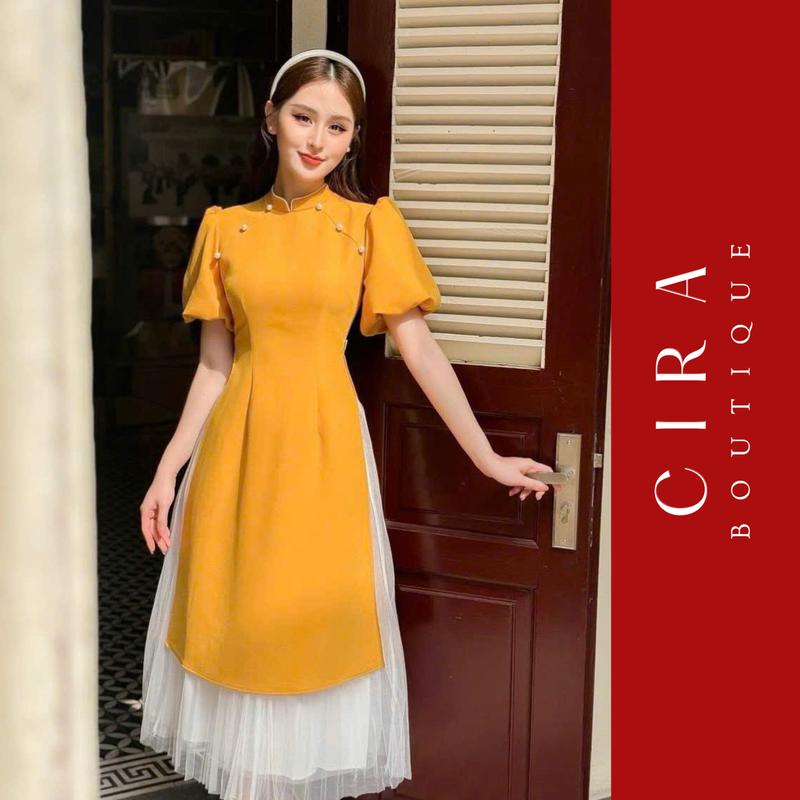 Sét Áo Dài Đính Ngọc Cổ Phối Viền Trắng Tay Phồng Kèm Chân Váy - D0855 - Chất Tuyết Mưa - Cira Boutique - Women, Nữ Kem Dress Đỏ