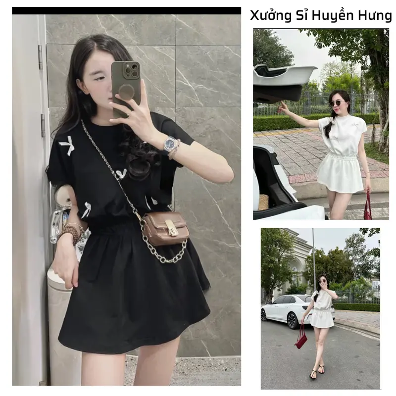 Bộ quần áo tay hến đính nơ nhún eo kèm quần sooc MS33 Nữ Women Kem Top 0
