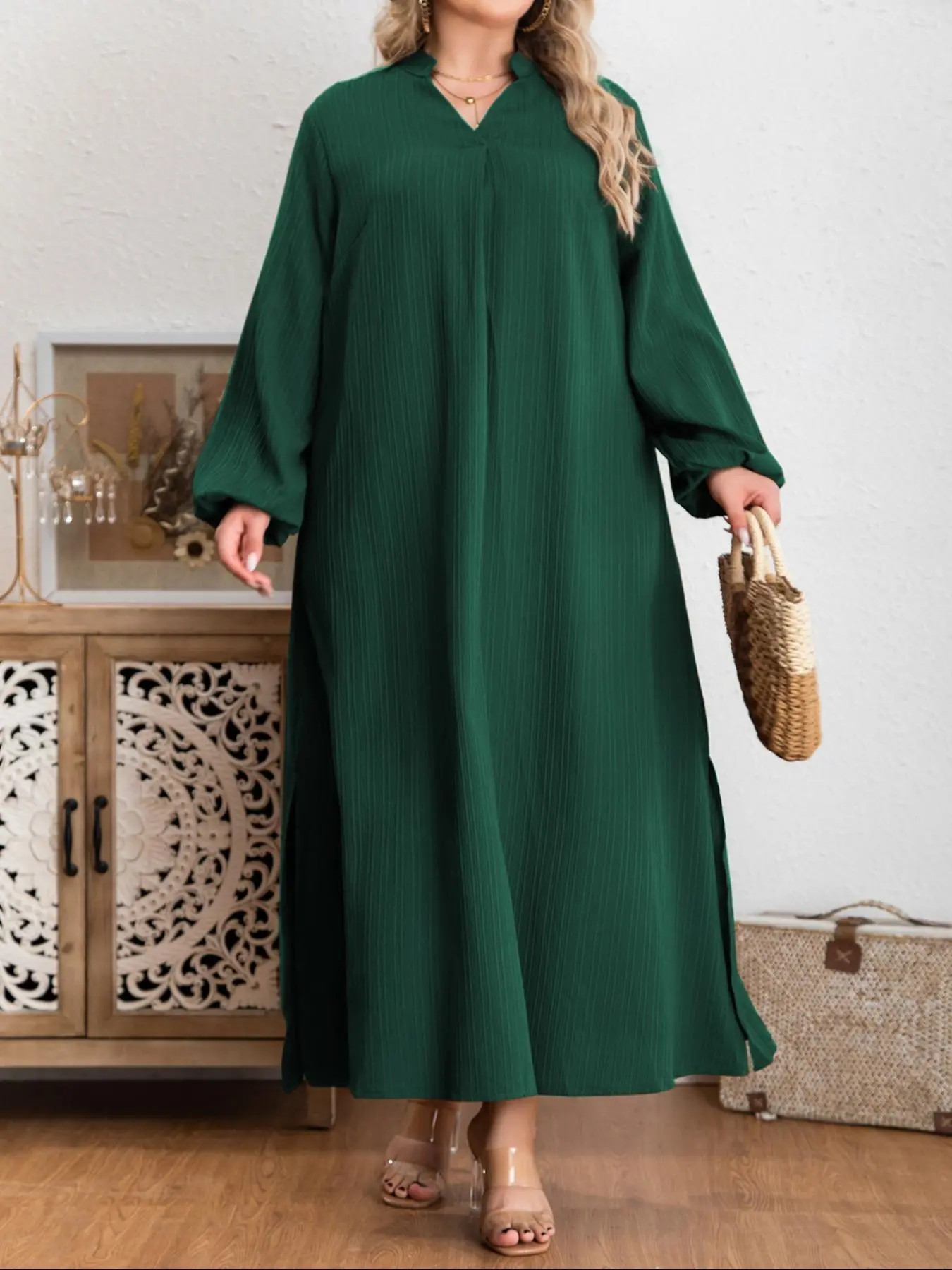 【Plus Size】 Solid Notched Neck Split Hem Kaftan Dress, Elegant Bishop Sleeve Long Sleeve Dress for Women, Women's Islamic Clothing for Fall, Summer Dresses 2025
