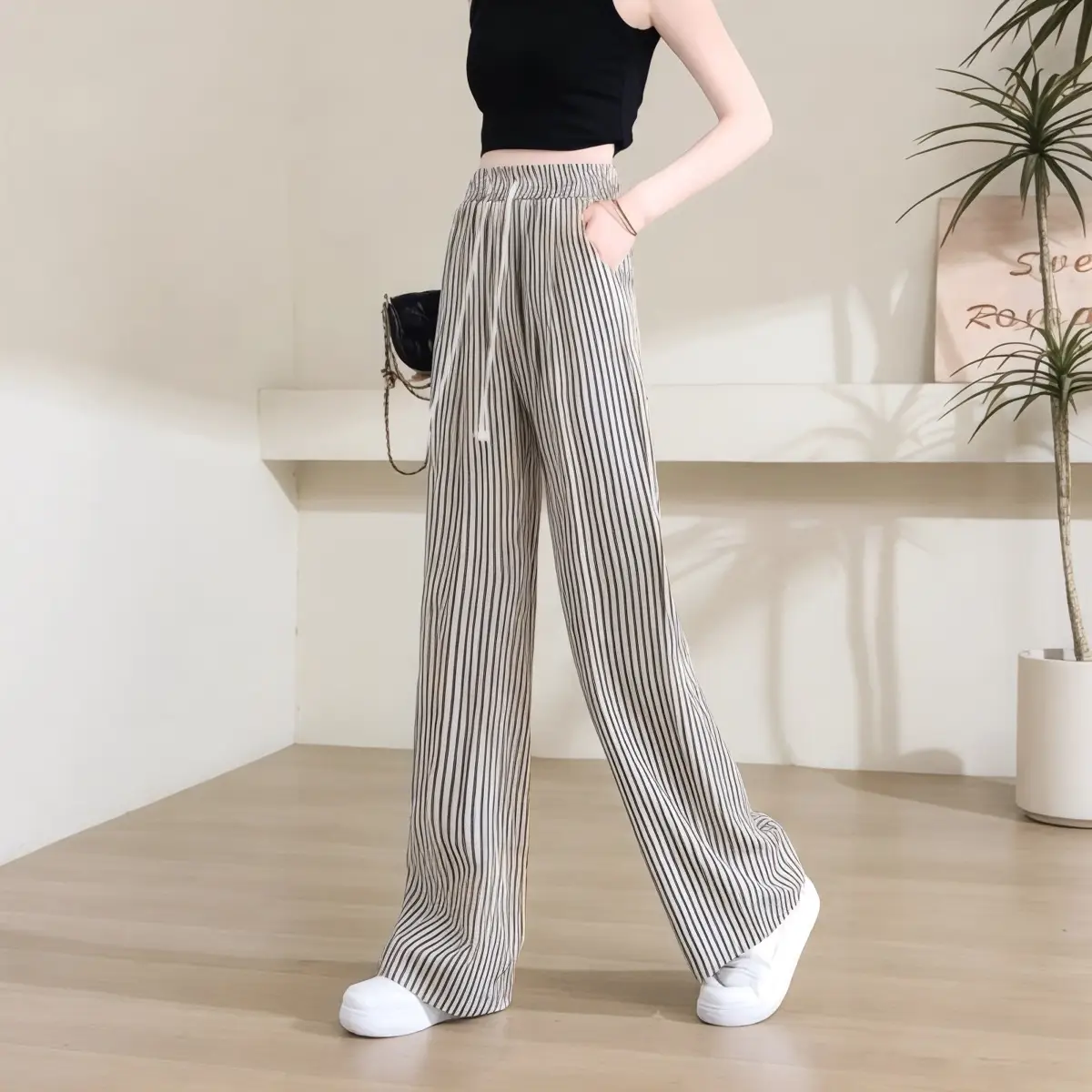 Quần Nữ kẻ sọc chất thô nhăn dáng suông ống rộng dễ mặc m031 Ong Nhung Ong Nhung - 1