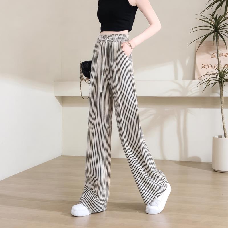 Quần Nữ kẻ sọc chất thô nhăn dáng suông ống rộng dễ mặc m031 Ong Nhung Ong Nhung