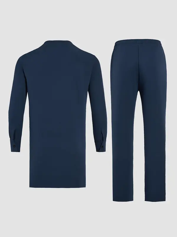 Two-Piece Set Men's Embroidery Trim Split Hem Top & Pants, Regular Fit Casual Long Sleeve Round Neck Top & Trousers for Daily Wear, Men's Clothing for All Seasons 1