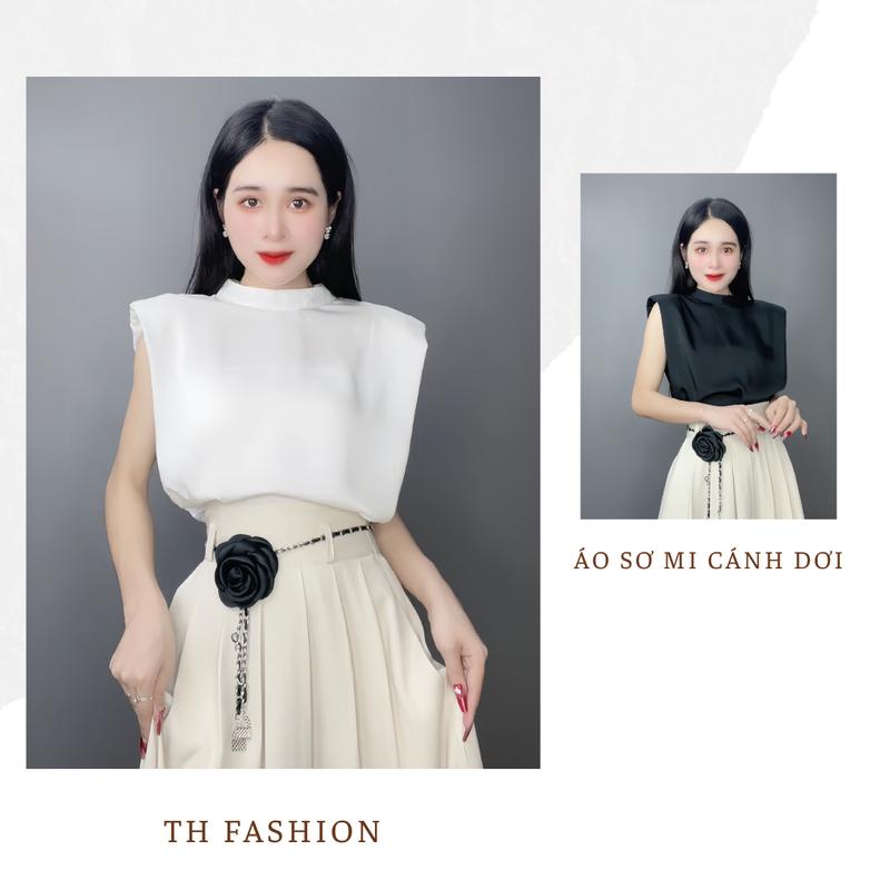 Áo sơ mi Lụa Ngọc Trai - tay cánh dơi có đệm cầu vai Top Tua Rua