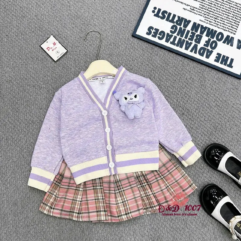 [MeoKids] C37 - Set Bộ Áo Len Lông Thỏ Bo Viền Phối Chân Váy Xếp Ly Kẻ Kèm Chú Gấu xinh 3
