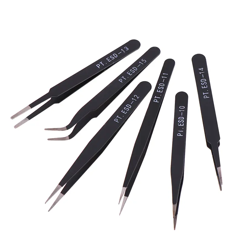 6Pcs anti-static esd tweezers repair tool precision curved straight tweezers