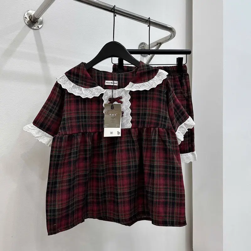 Bộ Đùi Phối Ren Kẻ Dáng Babydoll Quần Đùi Áo Cộc Tay Xinh Sét Pizama Ngủ Cổ Bèo 3