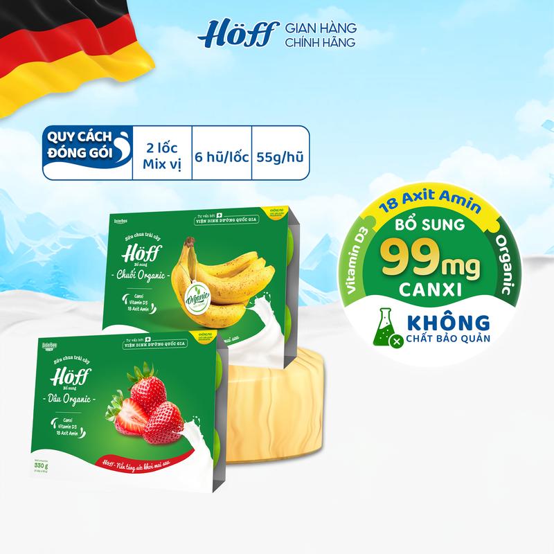 Sữa chua cho bé ăn dặm mix vị Hoff bổ sung Chuối organic, Dâu organic bổ sung dinh dưỡng canxi axit amin vitamin D3 men vi sinh hỗ trợ hệ tiêu hóa hỗ trợ phát triển chiều cao 2 lốc (12 hộp x 55g)