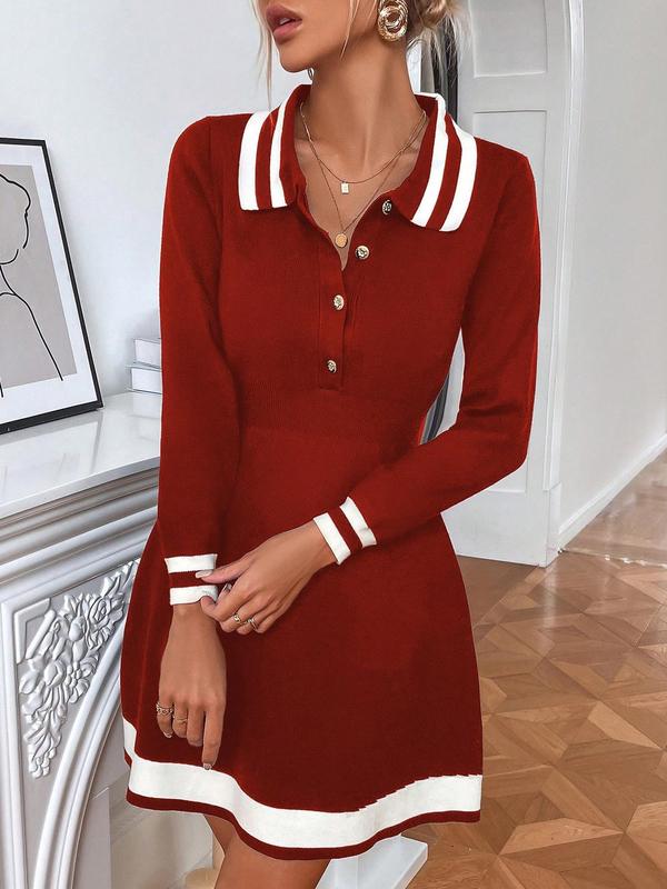 Women's Colorblock Striped Print Button Front Sweater Dress, Casual Long Sleeve Collared A Line Dress for Fall & Winter, Women's Knitwear for Daily Wear 6