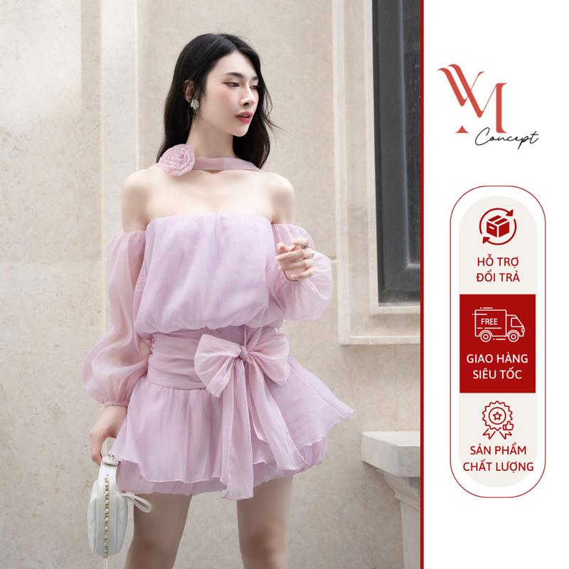 Đầm Trễ Vai Cúp Ngực Đính Nơ Nữ Tính Quyến Rũ - Màu Hồng/Tím/Be Baby YM Concept D0972 - Voan Tơ - Size S/M/L/XL - Women Dress Tre