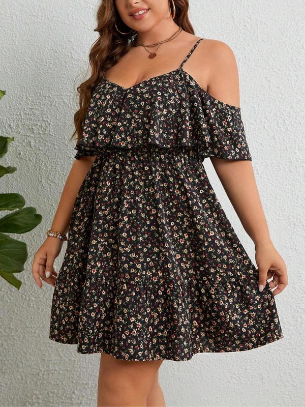 Plus Size Ditsy Floral Print Cold Shoulder Ruffle Trim A Line Dress, Boho Adjustable Strap Short Sleeve Dress for Beach Holiday Vacation, Women's Summer Clothes, Womenswear 2