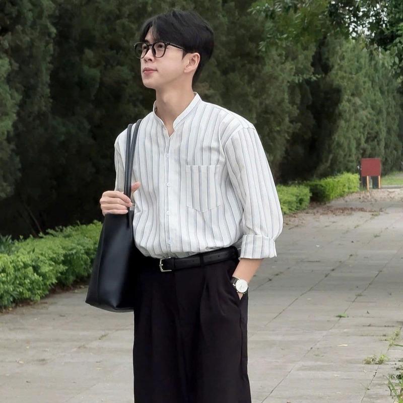  Áo Sơ Mi Nam Nữ Dài Tay Cổ Tàu Phối Kẻ Sọc Form Rộng Phong Cách Hàn Quốc Thanh Lịch SM16 