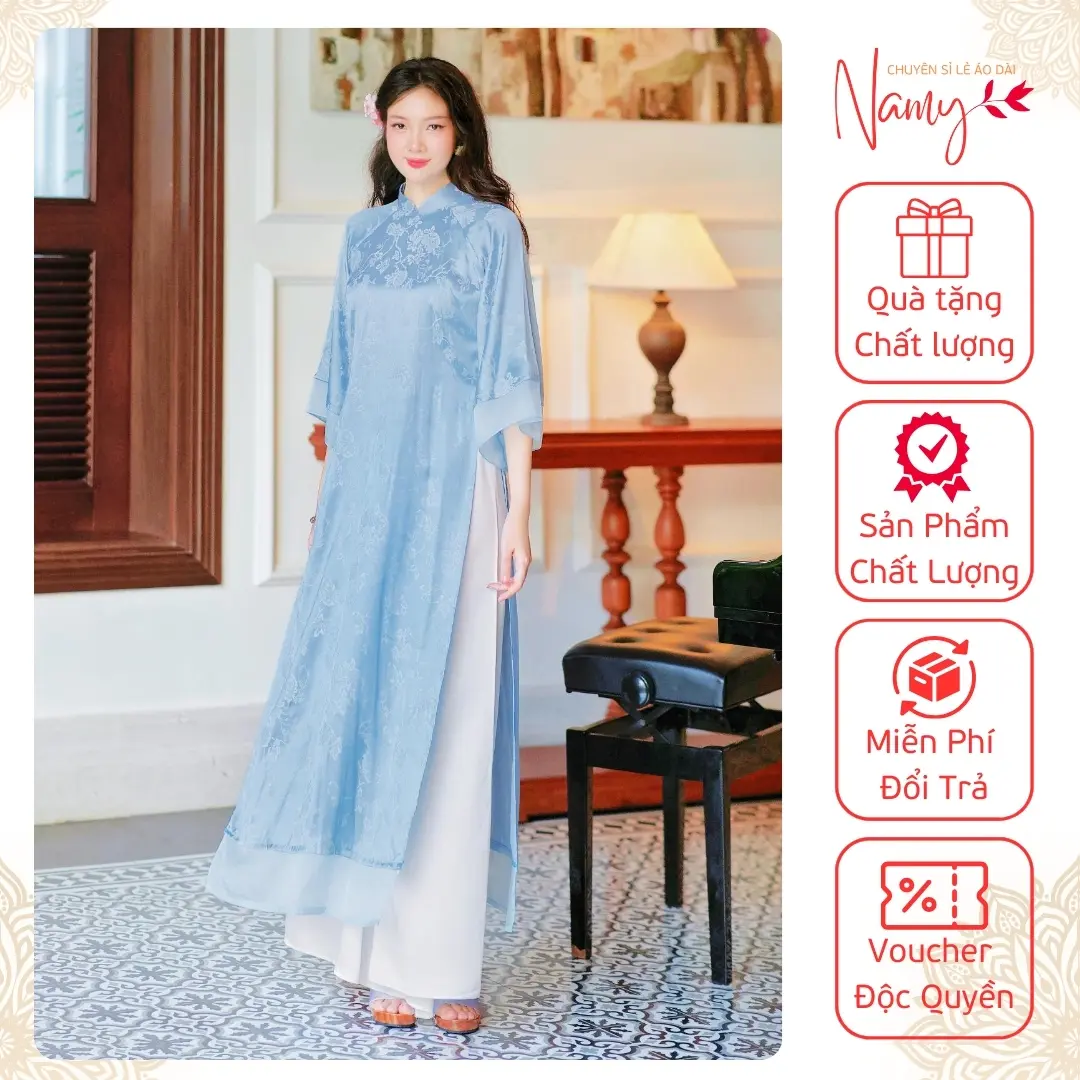 Áo Dài Cách Tân Dáng Suông YÊN CẢNH Áo Dài May Sẵn Tay Lỡ Phối Hạt Ngọc Sang Chảnh NAMY AD1099