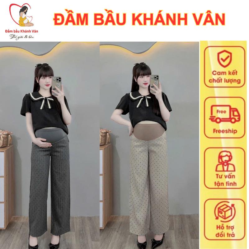  Quần bầu dáng xuông ống rộng họa tiết trái tim chất tuyết mưa đáp bụng chun chỉnh quần dài bầu - Mẹ bầu mặc ở nhà đi làm thoải mái 