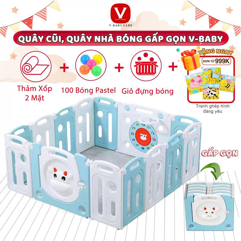 Quây Cũi Gấp Gọn, Quây Nhà Banh Vui Chơi Cho Bé V-BABY - Quà Đi Kèm ( Bóng Thả Quây + Thảm Xốp 2 Mặt + Giỏ Đựng Bóng + Vòng Bóng Rổ )