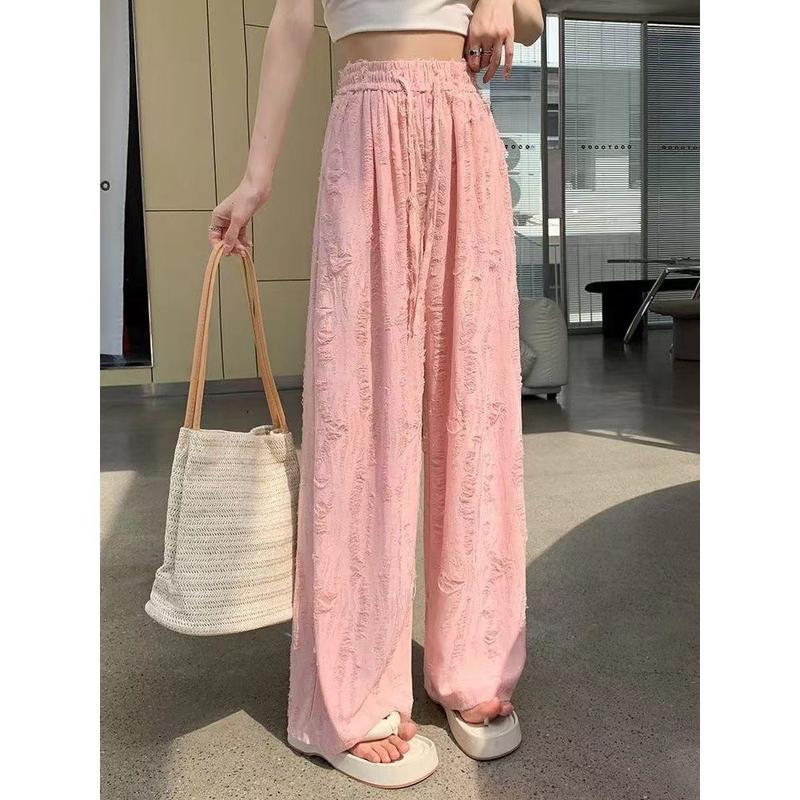 Product Introduction of Summer Ripped Rhinestone New Versatile Sports Wide-Leg Pants Trendy Street Style Long Pants Fashionable Elastic Waist High-Waisted Pants for Women 2