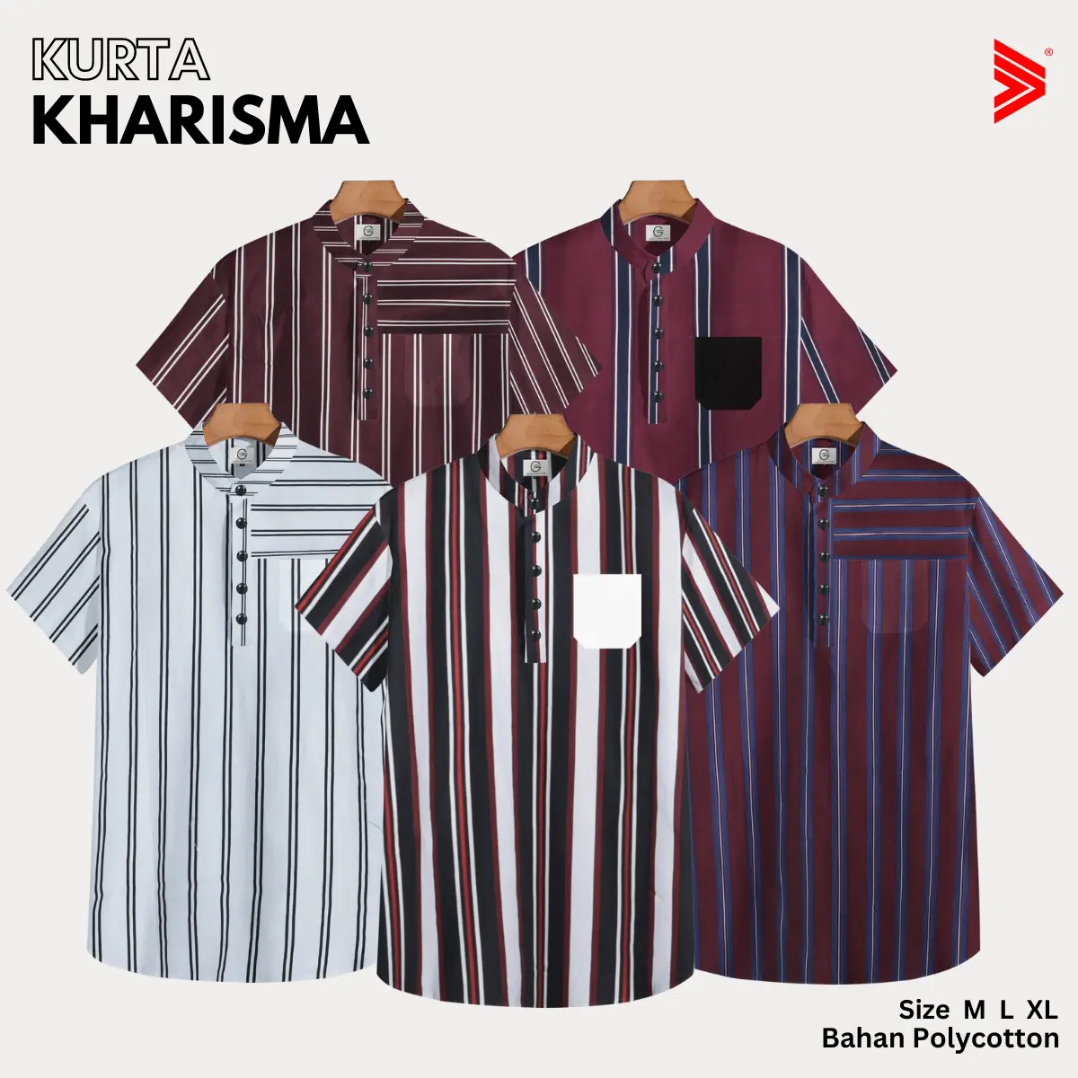 Tiagan99 Kemeja Koko Kurta Pria Shanghai Lengan Pendek Putih Maroon Motif Salur Bahan Katun Series Kharisma Stripes Muslim Baju