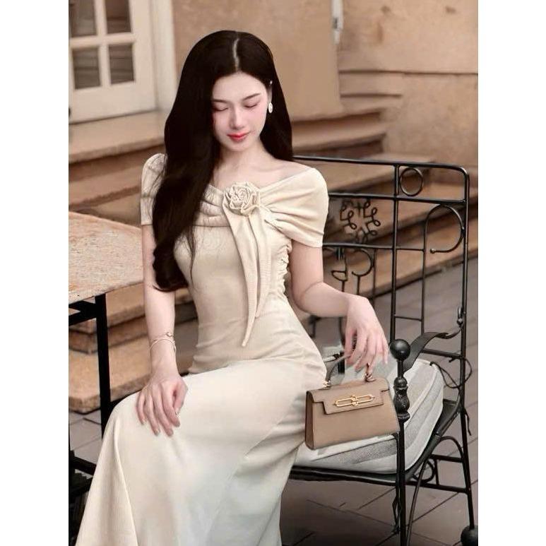 Đầm nữ trễ vai tay ngắn đính hoa tua rua dáng dài tiểu thư - thun gân lạnh BB09 (Size SMLXL)