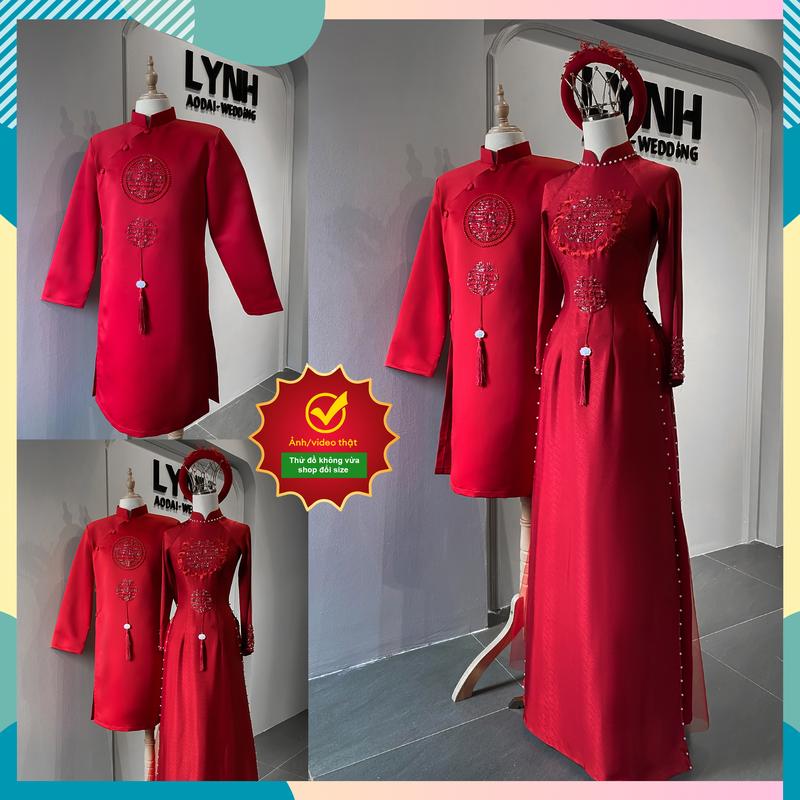 Áo dài cô dâu cưới  - Áo dài cặp ĐỎ ĐÔ THÊU HOA KẾT SONG HỈ - Áo Dài Lynh Nữ Women Dress Váy Cưới Áo Cưới Voan Thun Kem váycưới củaanh