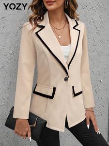 YOZY Women's Contrast Binding Button Front Blazer Coat, Casual Long Sleeve Lapel Neckline Outerwear for Work Office Business, Ladies Fall & Winter Clothes