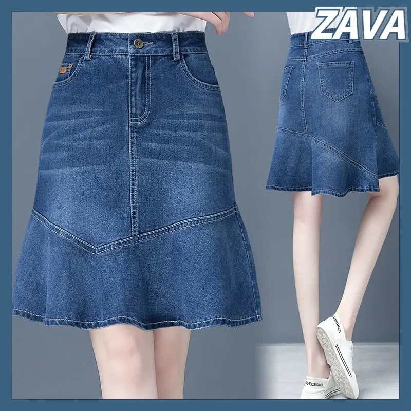 Chân Váy Denim, ZAVA, Dành Cho Nữ, Cạp Cao, Mỏng Vừa Vặn, Xếp Nhún, Chữ A Thanh Lịch, Chân Váy Đuôi Cá Một Bước, Có Mông, Hàng Mới Về Women