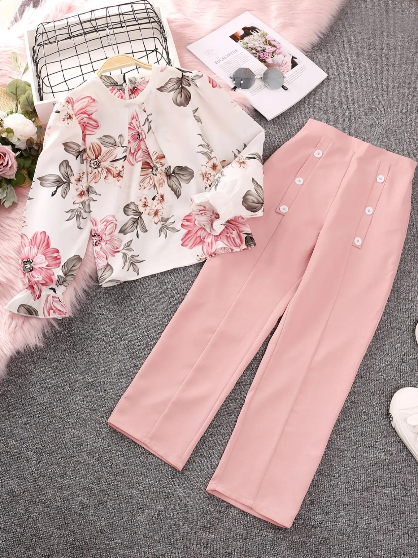 Two-Piece Set Girl's Floral Print Top & Pants Set, Casual Keyhole Neck Top & Trousers for Fall & Winter, Kids Clothes for Daily Wear