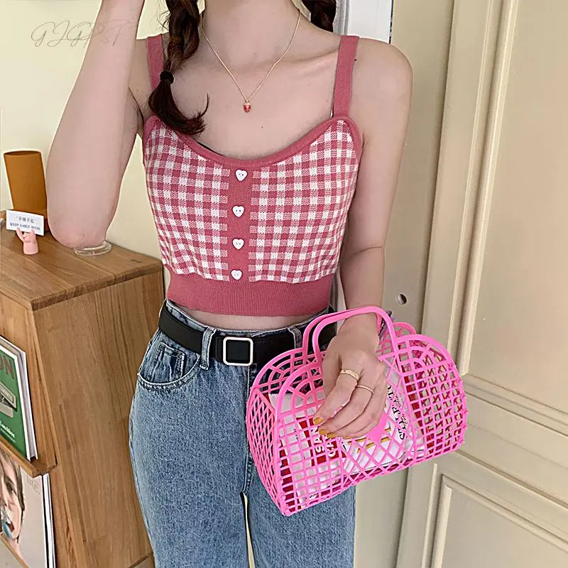 Women Knit Tank Tops, Adults Summer Color Block Plaid Print Round Neck Crop Tops