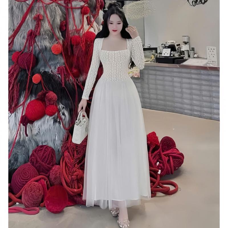 Đầm váy nữ len ren phối tùng lưới cổ vuông dài tay dáng dài xòe xinh xắn sang chảnh dành cho các nàng diện đi chơi,đi tiệc.  Women top 4