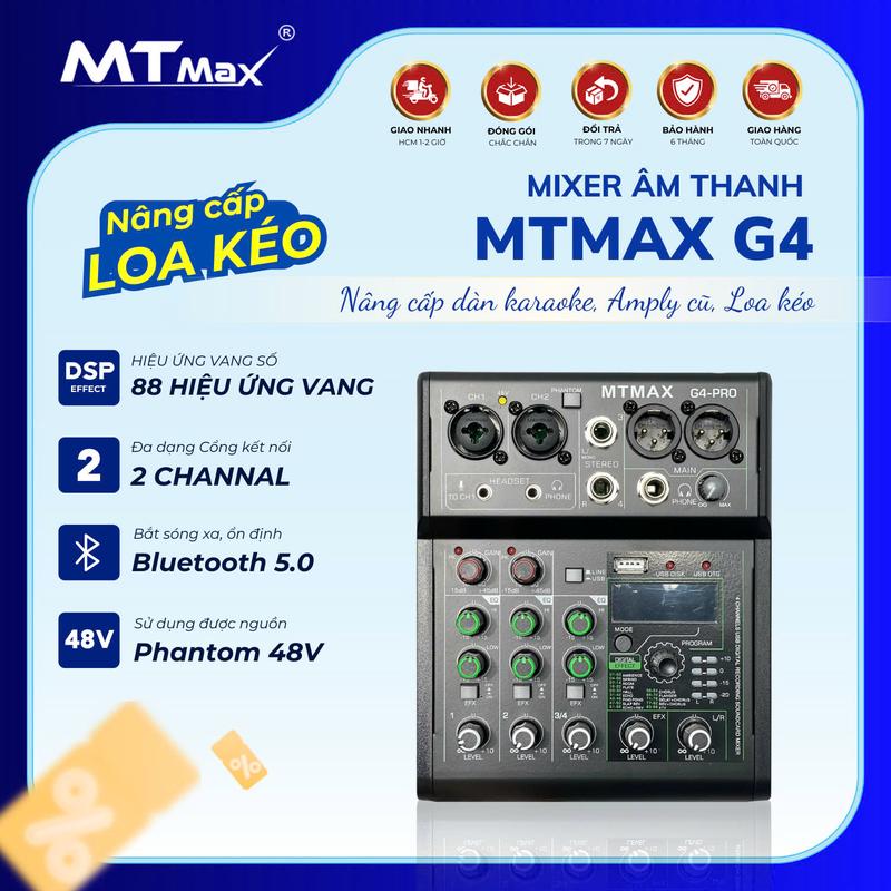 Bàn Trộn Âm Thanh Mixer G4 2 Mic USB Bluetooth 5.0 Chuyên Dùng Phát Trực Tiếp Karaoke Gia Đình Nhiều tính năng có thể sử dụng để kết nối với âm ly đấu với loa to hát karaoke gia đình, oto.