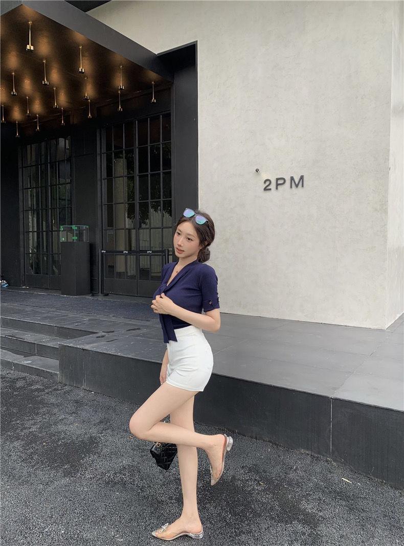 Product Introduction of CQ-Korean Style Ribbon  Short-Sleeved Knitted T-shirt Women's Summer Waist Elegant Slightly Mature Style Chic Blue Top SS24 [1470] 5
