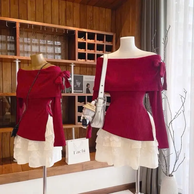 ￼ÁO KIỂU BẸT VAI ĐỎ TẾT NOEN CỘT DÂY VAI SANG TRỌNG BOONG STORE TO777 1